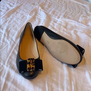 Tory Burch Black Leather Tortoise Bow Ballet Flats